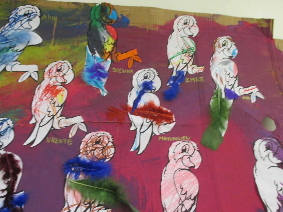 Activité manuelle peinture pour enfant :réaliser une fresque de perroquets