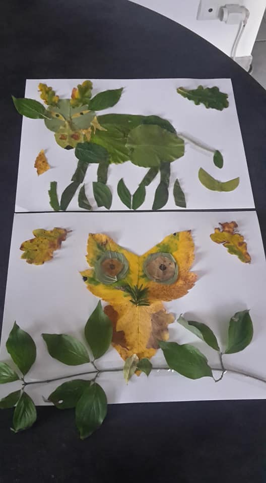 Collage de feuilles d’automne:animaux et chouettes